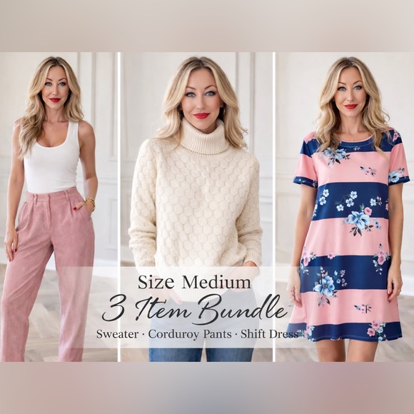 Pants - Size Medium 3pc Bundle Sweater Corduroy Pants Floral Dress